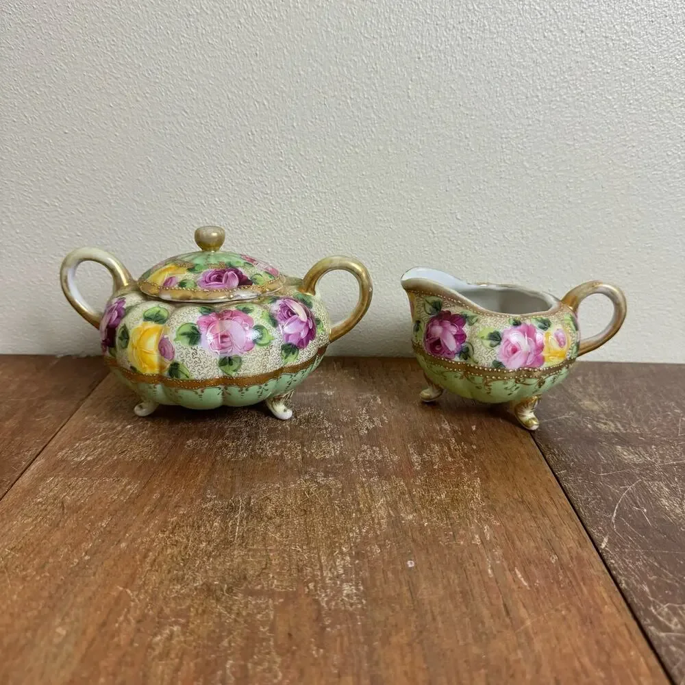 Vintage Antique Japanese Nippon Porcelain Cream & Sugar Tea Set Floral Gilt